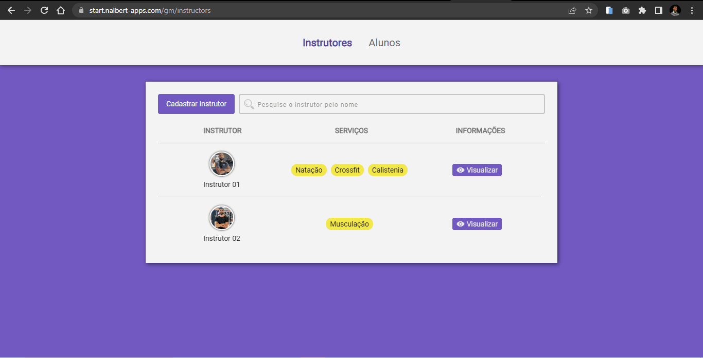 Página inicial da aplicação Gestão de academia.